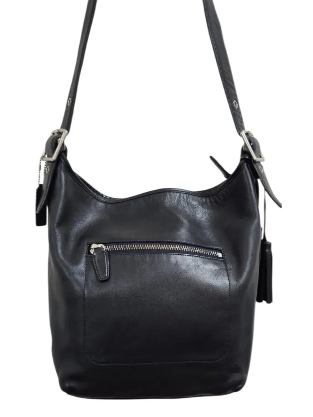 Coach Black Leather Hobo Shoulder Bag Large Tassel Silver Hardware Recolored
